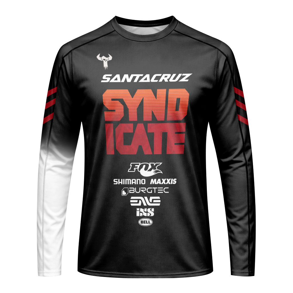 Santa Cruz Syndicate Black Red Downhill Long Sleeve Mountain Bike Jersey – Front View Mockup