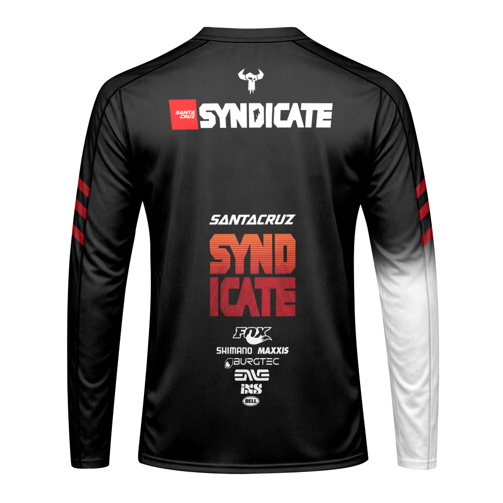 Santa Cruz Syndicate Black Red Downhill Long Sleeve Mountain Bike Jersey – Back View Mockup