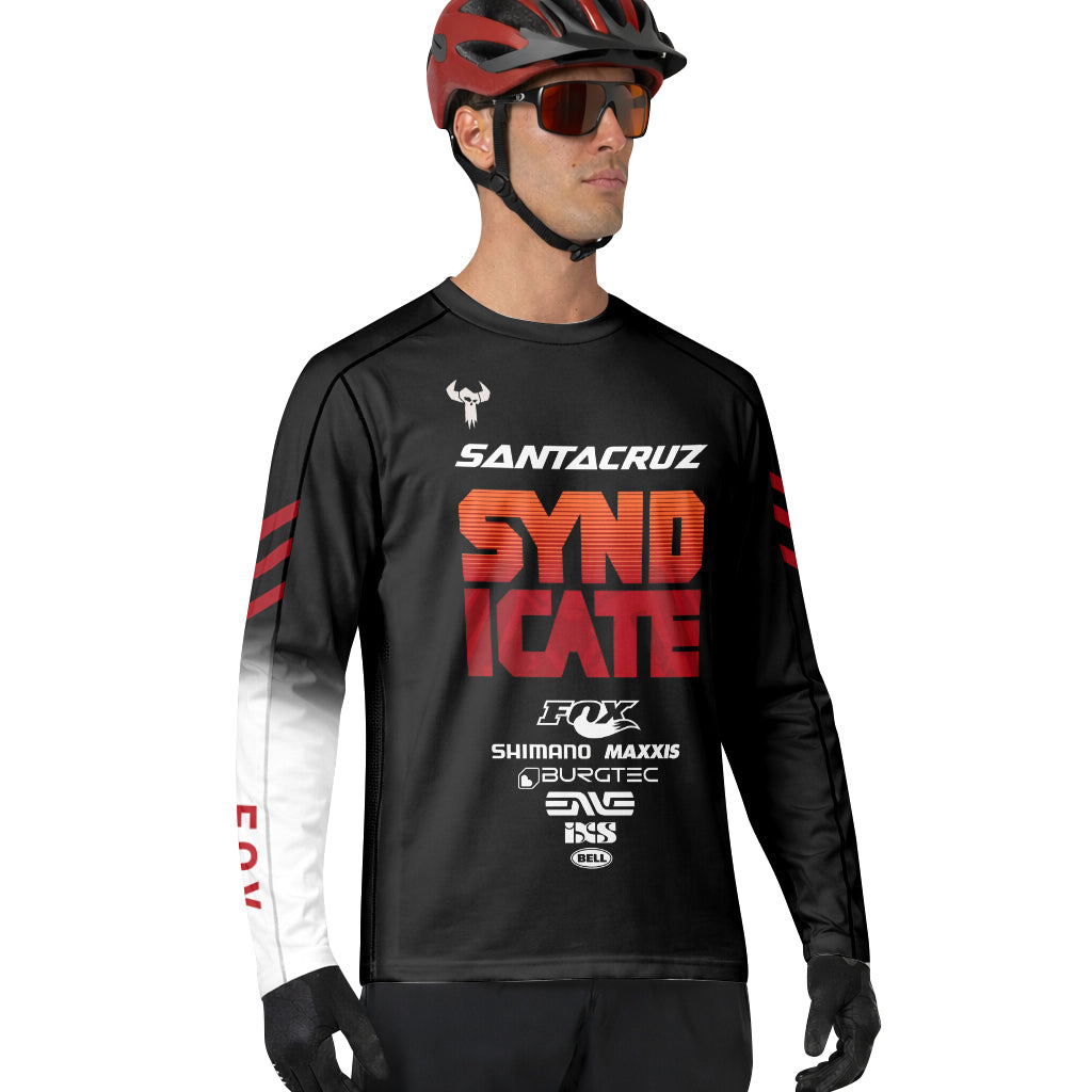Santa Cruz Syndicate Black Red Downhill Long Sleeve Mountain Bike Jersey – Lifestyle View