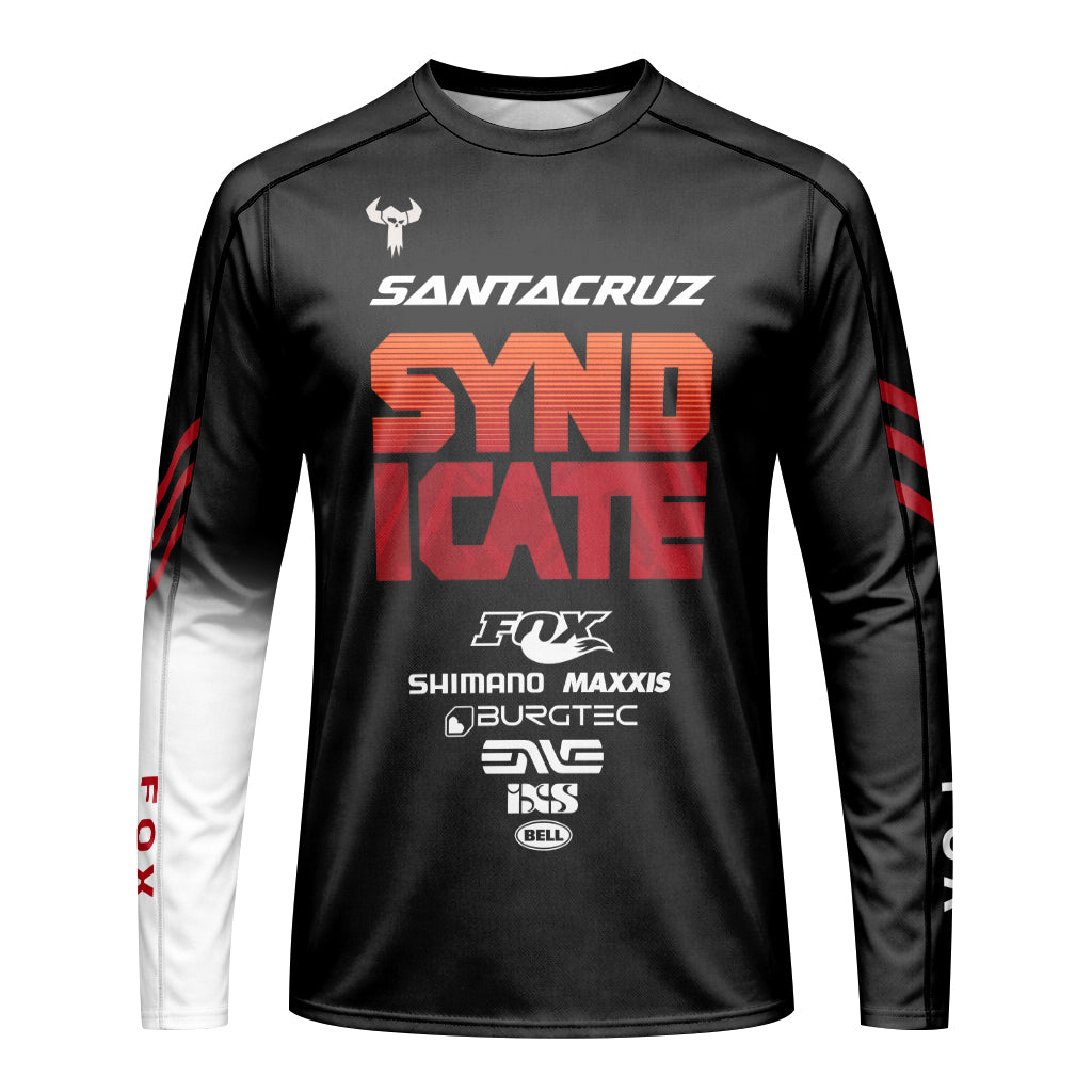 Santa Cruz Syndicate Black Red Downhill Youth Long Sleeve Mountain Bike Jersey – Front View Mockup