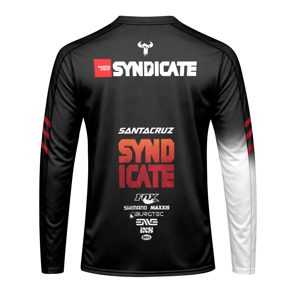 Santa Cruz Syndicate Black Red Downhill Youth Long Sleeve Mountain Bike Jersey – Back View Mockup