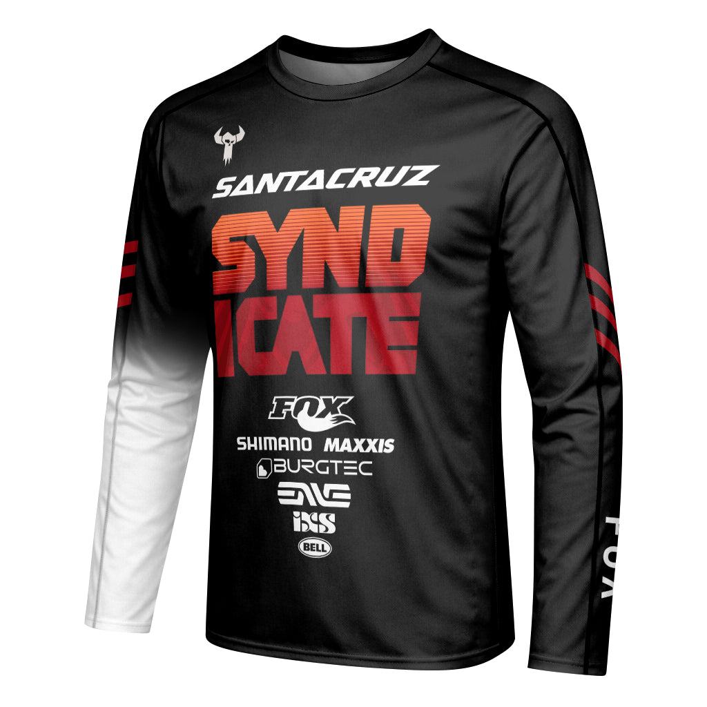 Santa Cruz Syndicate Black Red Downhill Youth Long Sleeve Mountain Bike Jersey – Left Side View Mockup