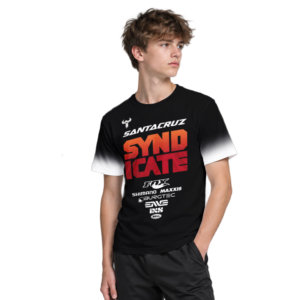 Santa Cruz Syndicate Black Red Downhill Youth Short Sleeve Mountain Bike Jersey – Boy Lifestyle View