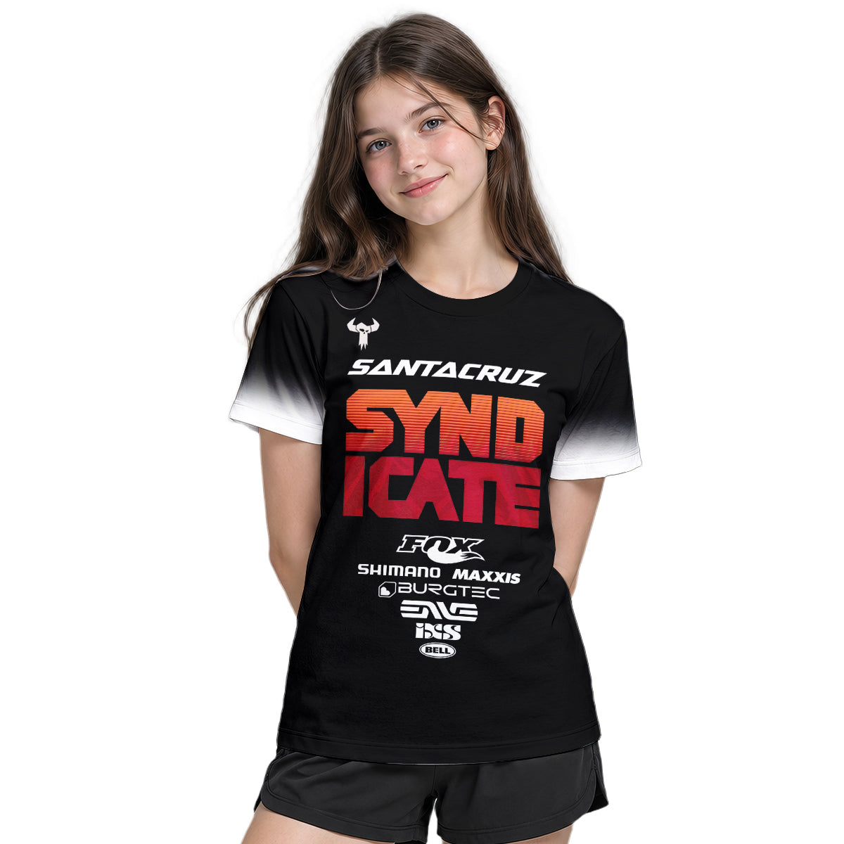 Santa Cruz Syndicate Black Red Downhill Youth Short Sleeve Mountain Bike Jersey – Girl Lifestyle View