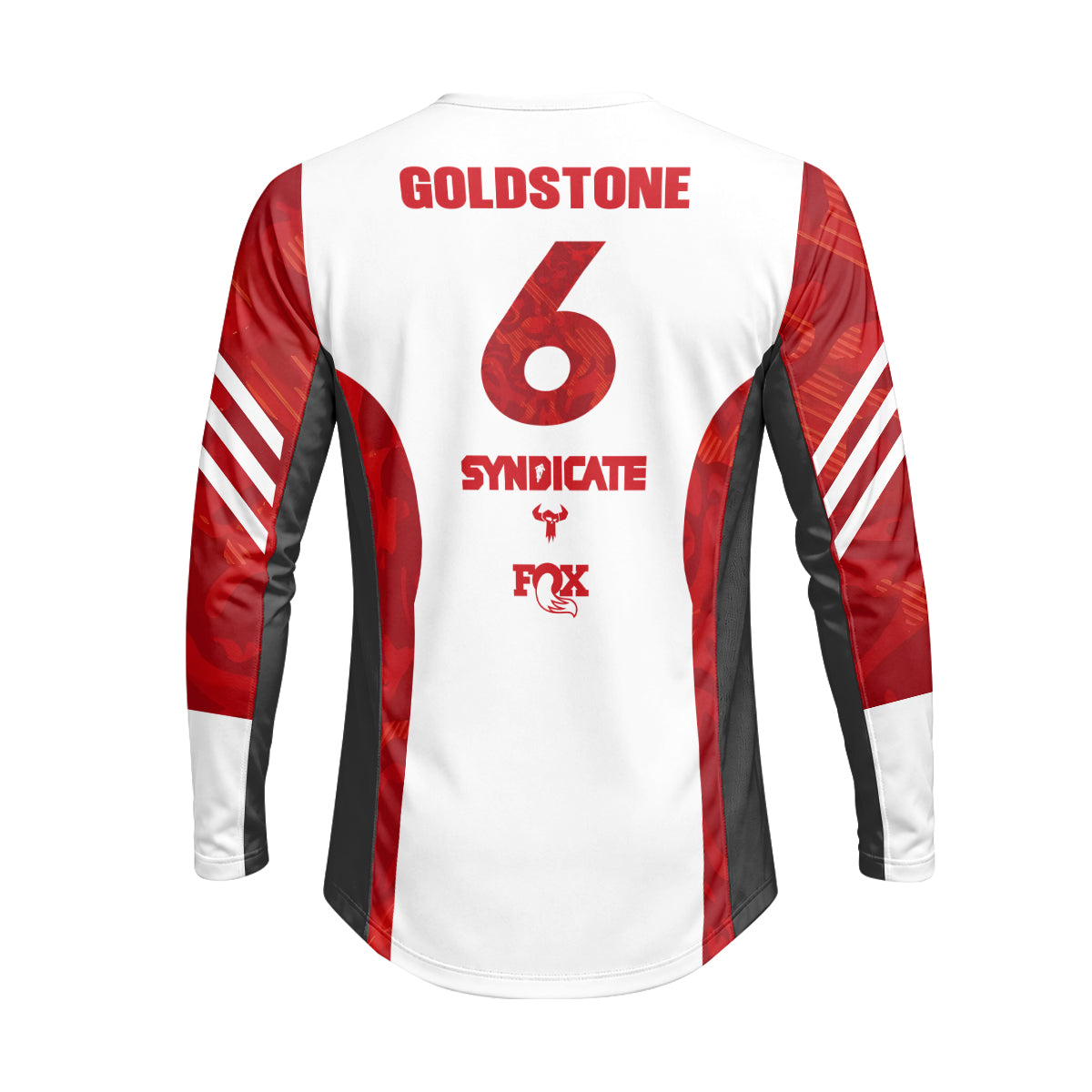 Santa Cruz Syndicate Goldstone #6 Red Camo Downhill Heavyweight Long Sleeve Mountain Bike Jersey – Back View Mockup