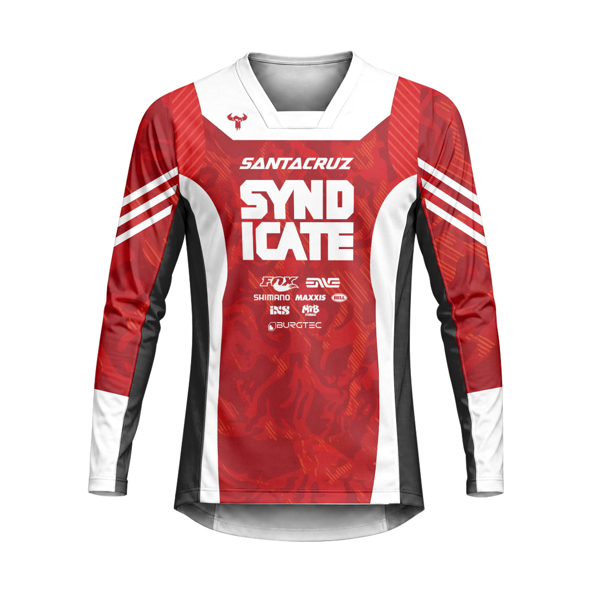 Santa Cruz Syndicate Goldstone #6 Red Camo Downhill Heavyweight Long Sleeve Mountain Bike Jersey – Front View Mockup