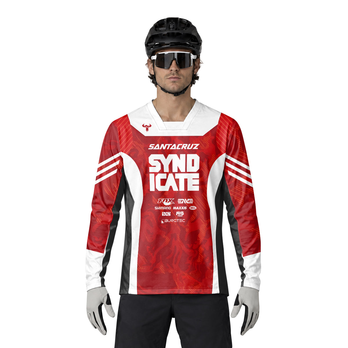Santa Cruz Syndicate Goldstone #6 Red Camo Downhill Heavyweight Long Sleeve Mountain Bike Jersey – Lifestyle View