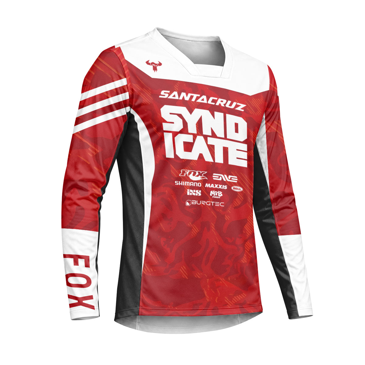 Santa Cruz Syndicate Goldstone #6 Red Camo Downhill Heavyweight Long Sleeve Mountain Bike Jersey – Right Side View Mockup