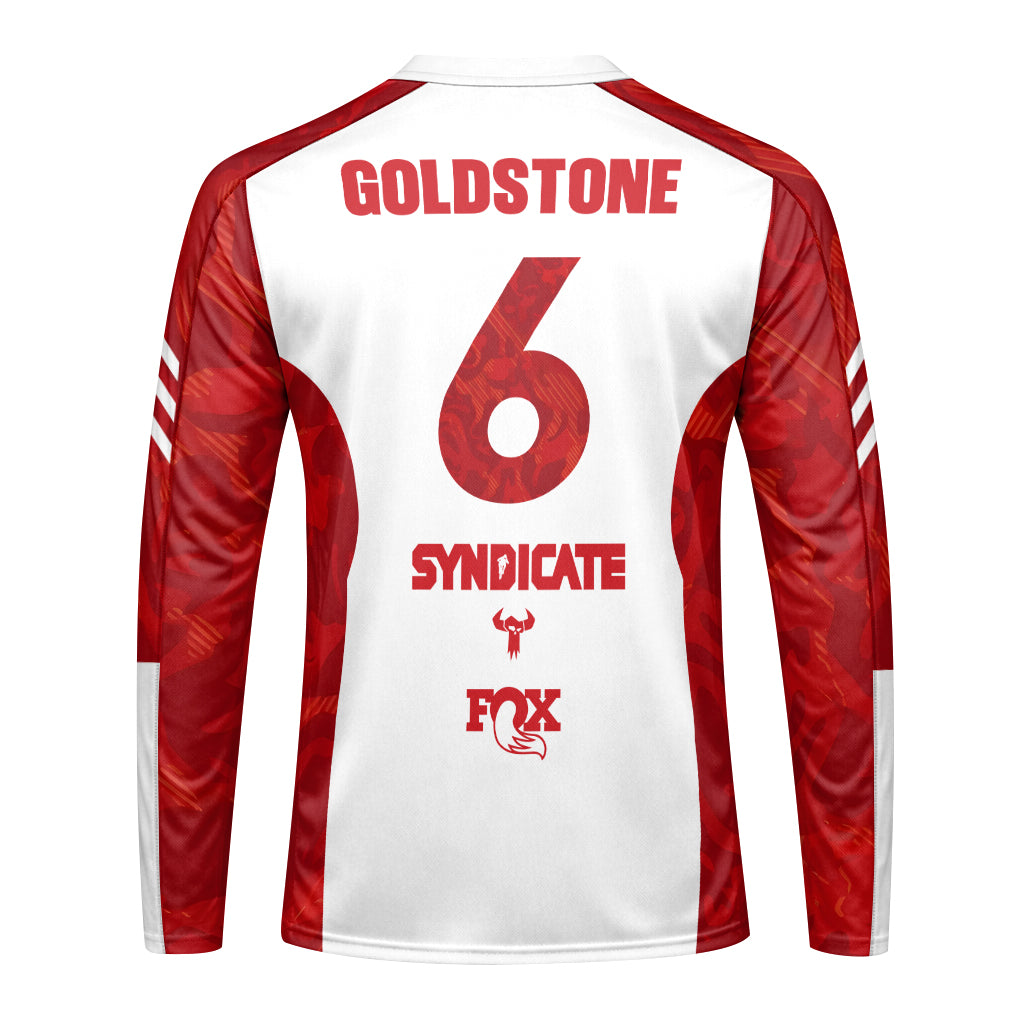 Santa Cruz Syndicate Goldstone #6 Red Camo Downhill Long Sleeve Mountain Bike Jersey – Back View Mockup