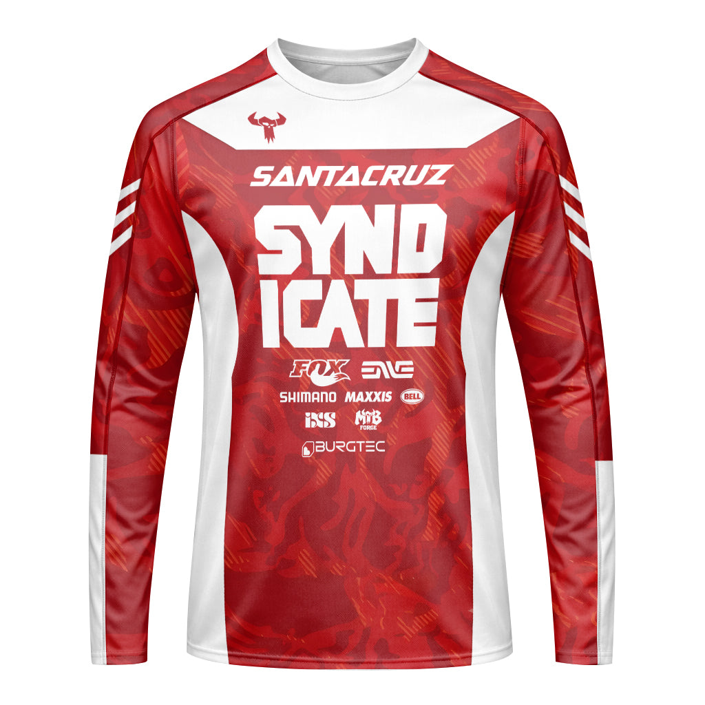 Santa Cruz Syndicate Goldstone #6 Red Camo Downhill Long Sleeve Mountain Bike Jersey – Front View Mockup