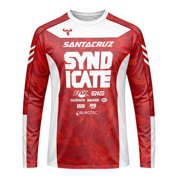 Santa Cruz Syndicate Goldstone #6 Red Camo Downhill Long Sleeve Mountain Bike Jersey – Front View Mockup