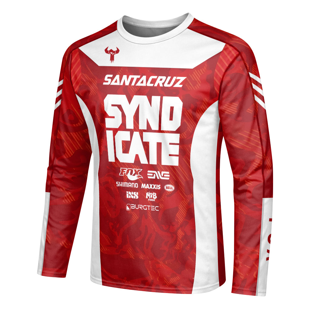 Santa Cruz Syndicate Goldstone #6 Red Camo Downhill Long Sleeve Mountain Bike Jersey – Left Side View Mockup