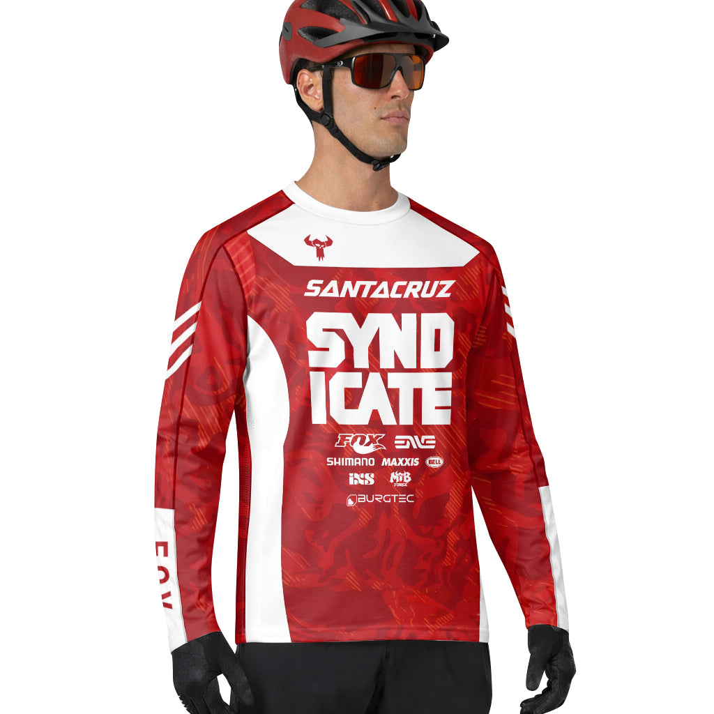 Santa Cruz Syndicate Goldstone #6 Red Camo Downhill Long Sleeve Mountain Bike Jersey – Lifestyle View