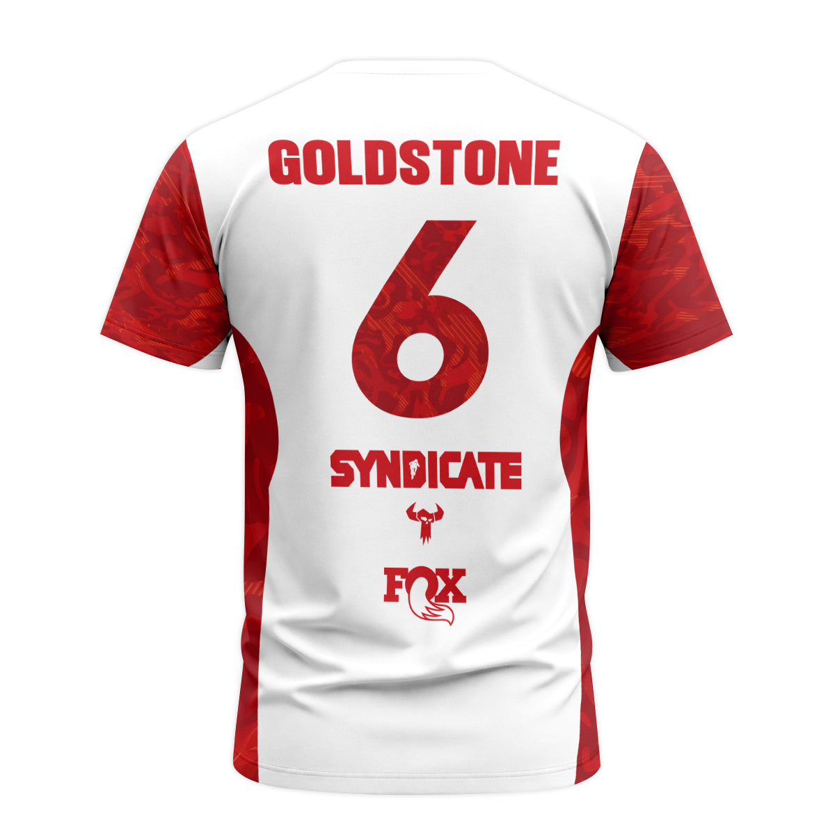 Santa Cruz Syndicate Goldstone #6 Red Camo Downhill Short Sleeve Mountain Bike Jersey – Back View Mockup