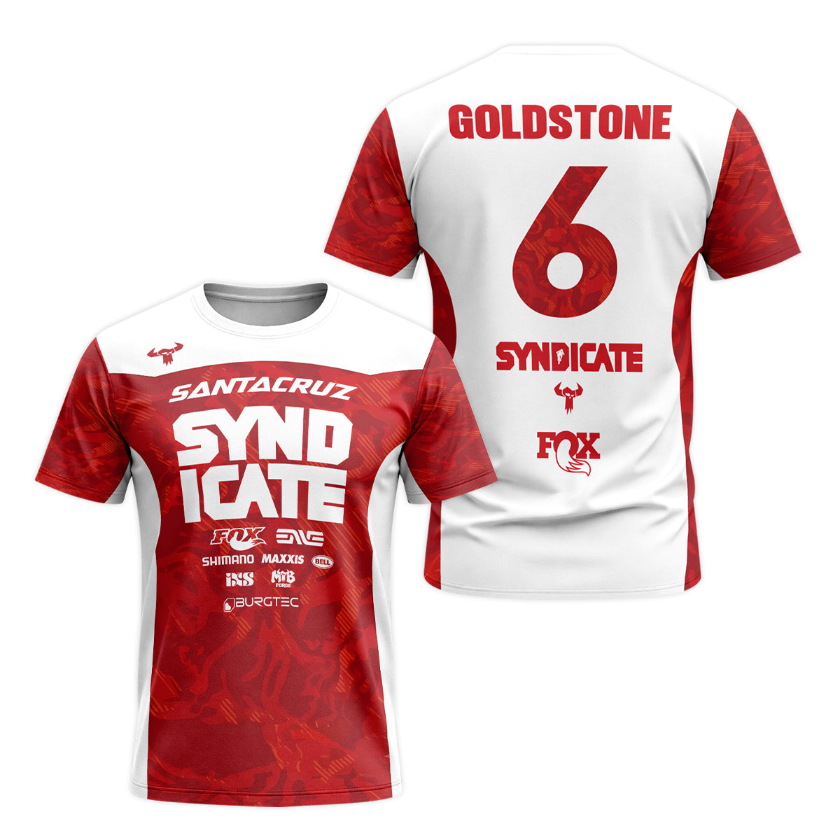 Santa Cruz Syndicate Goldstone #6 Red Camo Downhill Short Sleeve Mountain Bike Jersey – Front and Back View