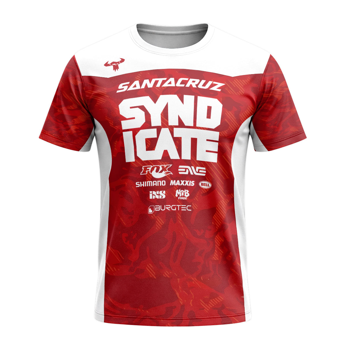 Santa Cruz Syndicate Goldstone #6 Red Camo Downhill Short Sleeve Mountain Bike Jersey – Front View Mockup