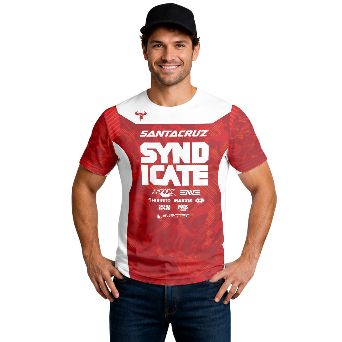 Santa Cruz Syndicate Goldstone #6 Red Camo Downhill Short Sleeve Mountain Bike Jersey – Lifestyle View