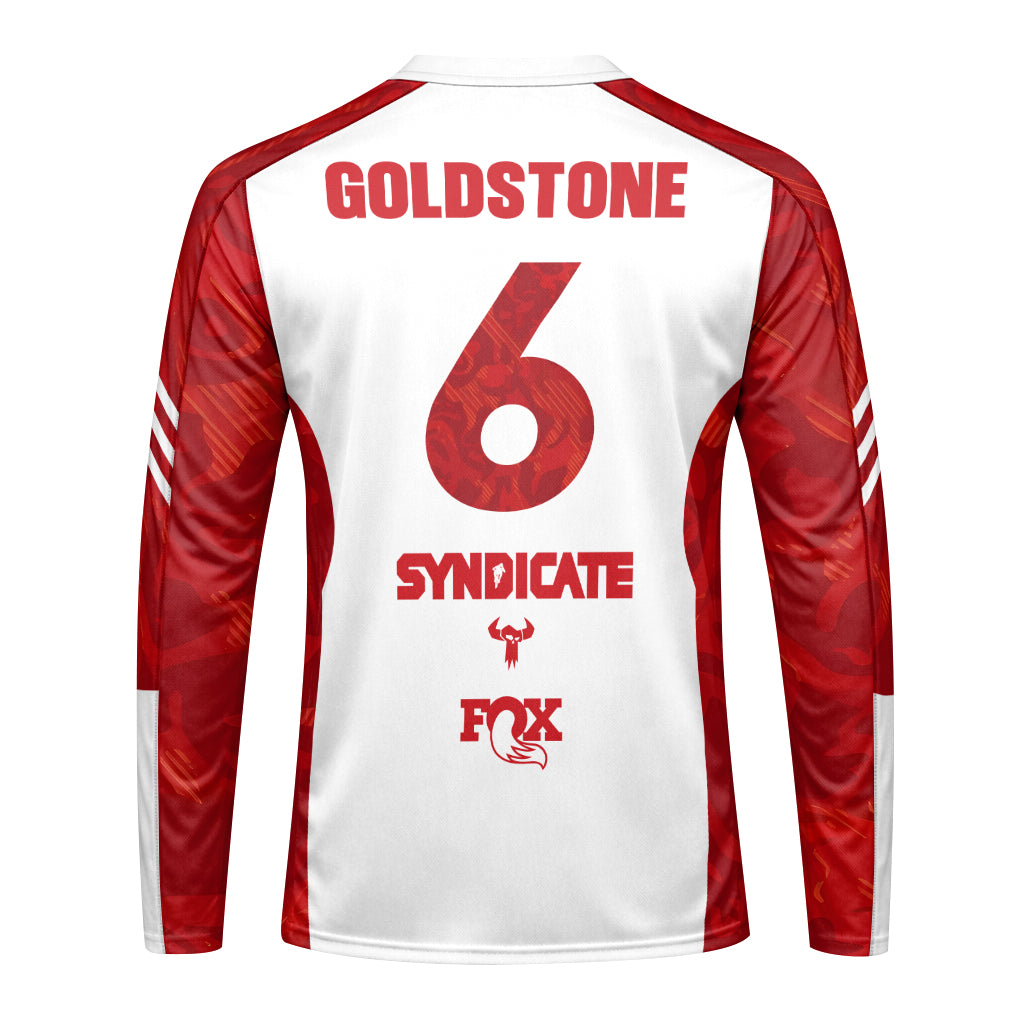 Santa Cruz Syndicate Goldstone #6 Red Camo Downhill Youth Long Sleeve Mountain Bike Jersey – Back View Mockup