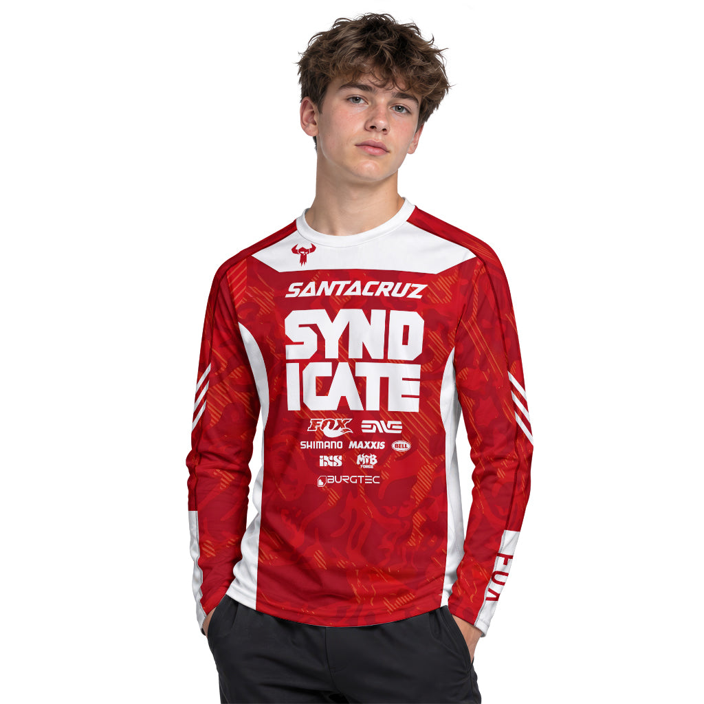 Santa Cruz Syndicate Goldstone #6 Red Camo Downhill Youth Long Sleeve Mountain Bike Jersey – Boy Lifestyle View