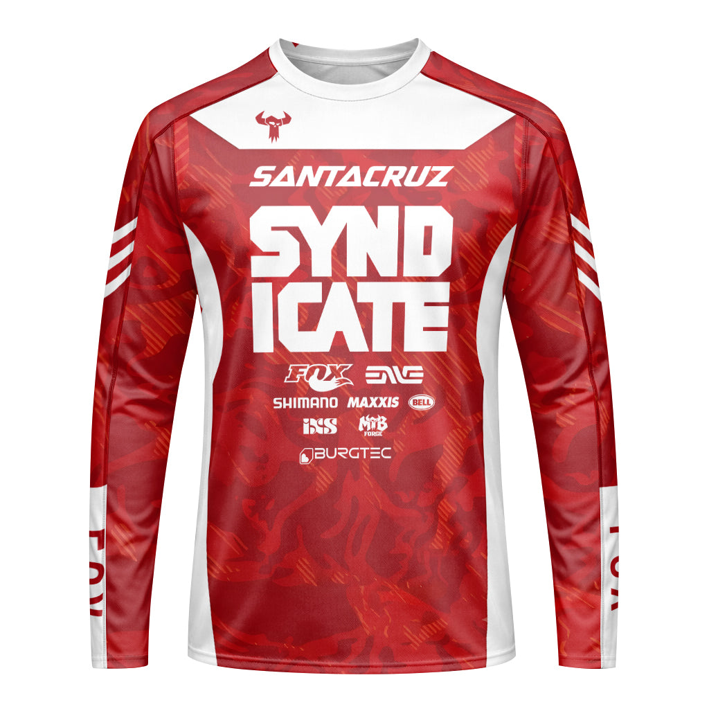 Santa Cruz Syndicate Goldstone #6 Red Camo Downhill Youth Long Sleeve Mountain Bike Jersey – Front View Mockup