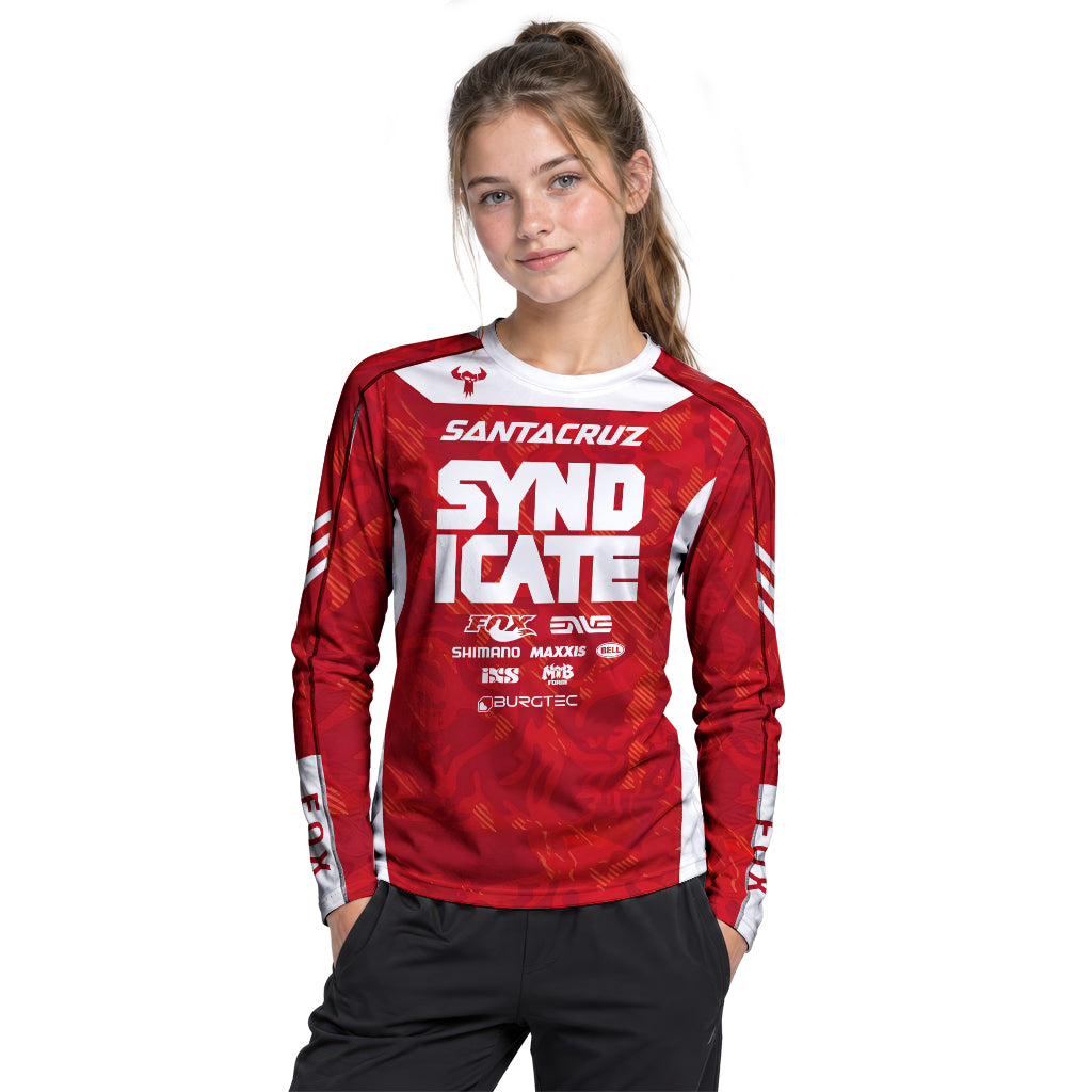 Santa Cruz Syndicate Goldstone #6 Red Camo Downhill Youth Long Sleeve Mountain Bike Jersey – Girl Lifestyle View