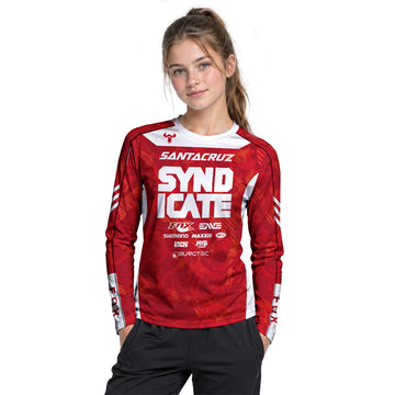 Santa Cruz Syndicate Goldstone #6 Red Camo Downhill Youth Long Sleeve Mountain Bike Jersey – Girl Lifestyle View