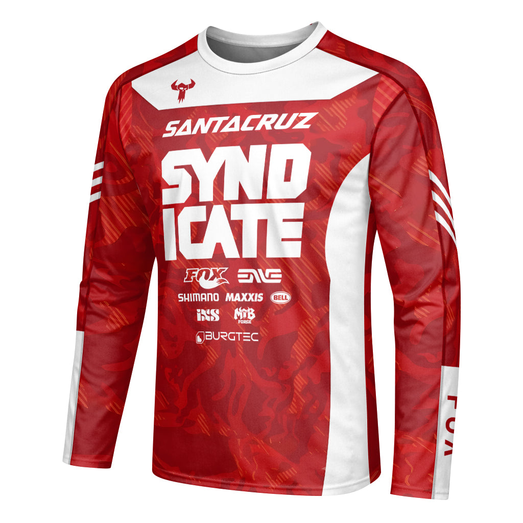Santa Cruz Syndicate Goldstone #6 Red Camo Downhill Youth Long Sleeve Mountain Bike Jersey – Left Side View Mockup