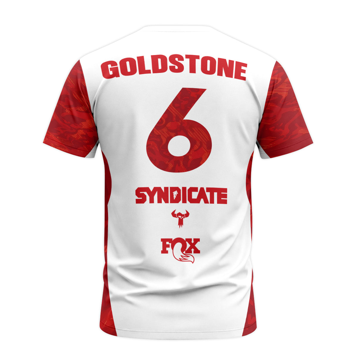 Santa Cruz Syndicate Goldstone #6 Red Camo Downhill Youth Short Sleeve Mountain Bike Jersey – Back View Mockup