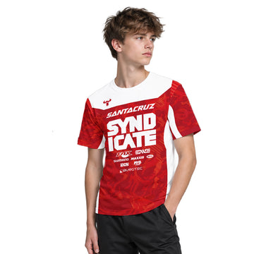 Santa Cruz Syndicate Goldstone #6 Red Camo Downhill Youth Short Sleeve Mountain Bike Jersey – Boy Lifestyle View