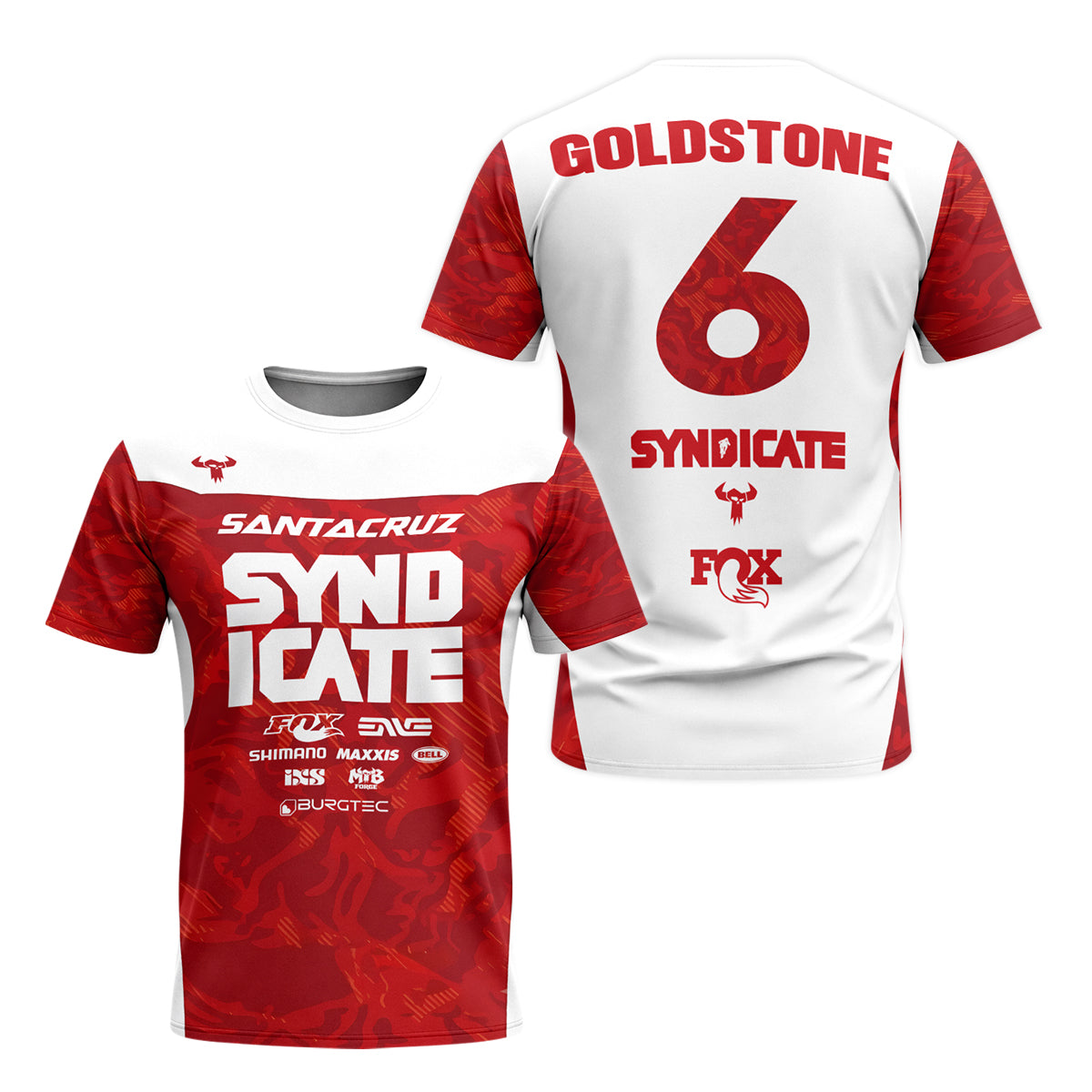 Santa Cruz Syndicate Goldstone #6 Red Camo Downhill Youth Short Sleeve Mountain Bike Jersey – Front and Back View