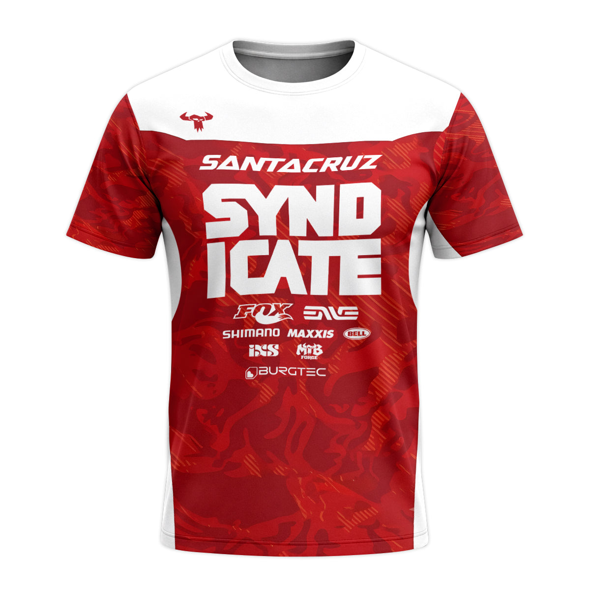 Santa Cruz Syndicate Goldstone #6 Red Camo Downhill Youth Short Sleeve Mountain Bike Jersey – Front View Mockup