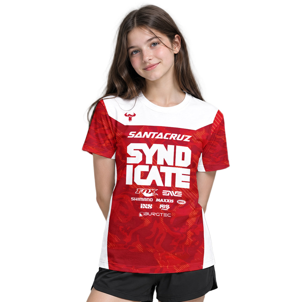 Santa Cruz Syndicate Goldstone #6 Red Camo Downhill Youth Short Sleeve Mountain Bike Jersey – Girl Lifestyle View