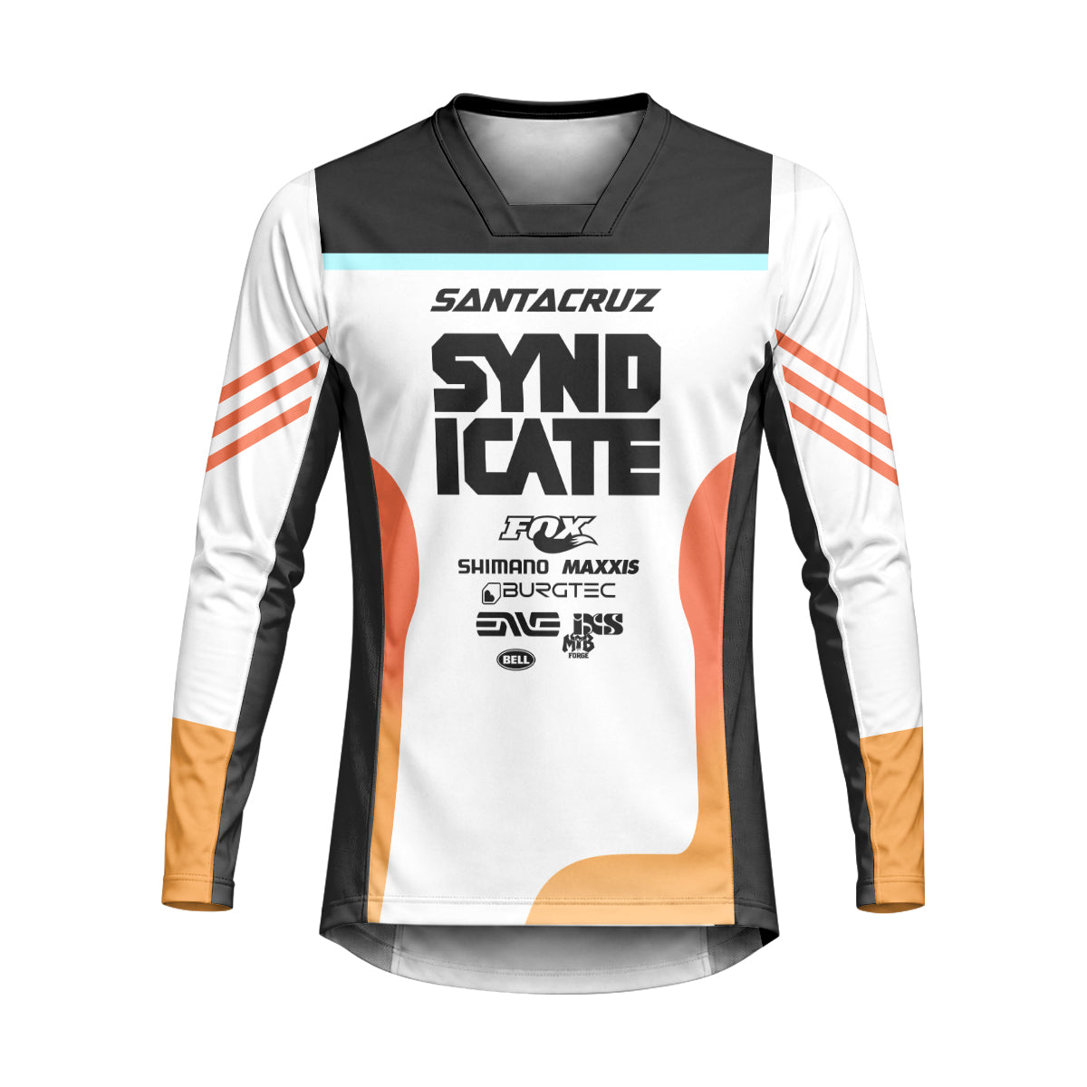 Santa Cruz Syndicate Goldstone Black Orange Downhill Heavyweight Long Sleeve Mountain Bike Jersey – Front View Mockup