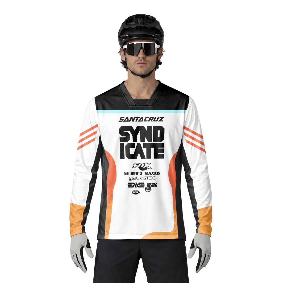 Santa Cruz Syndicate Goldstone Black Orange Downhill Heavyweight Long Sleeve Mountain Bike Jersey – Lifestyle View