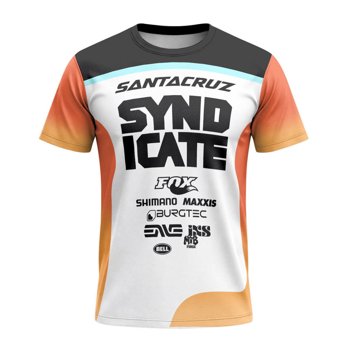 Santa Cruz Syndicate Goldstone Black Orange Downhill Short Sleeve Mountain Bike Jersey – Front View Mockup