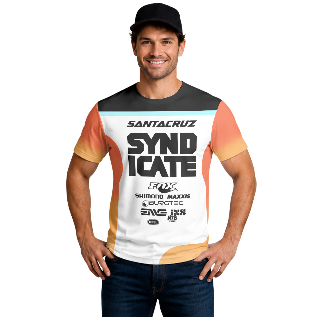 Santa Cruz Syndicate Goldstone Black Orange Downhill Short Sleeve Mountain Bike Jersey – Lifestyle View