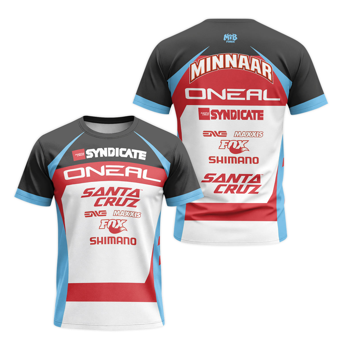 Santa Cruz Syndicate Greg Minnaar Red Blue Downhill Short Sleeve Mountain Bike Jersey – Front and Back View
