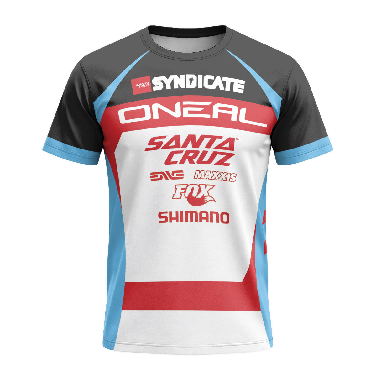 Santa Cruz Syndicate Greg Minnaar Red Blue Downhill Short Sleeve Mountain Bike Jersey – Front View Mockup