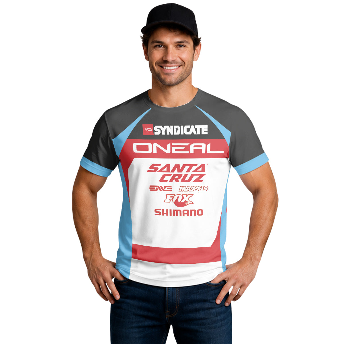 Santa Cruz Syndicate Greg Minnaar Red Blue Downhill Short Sleeve Mountain Bike Jersey – Lifestyle View
