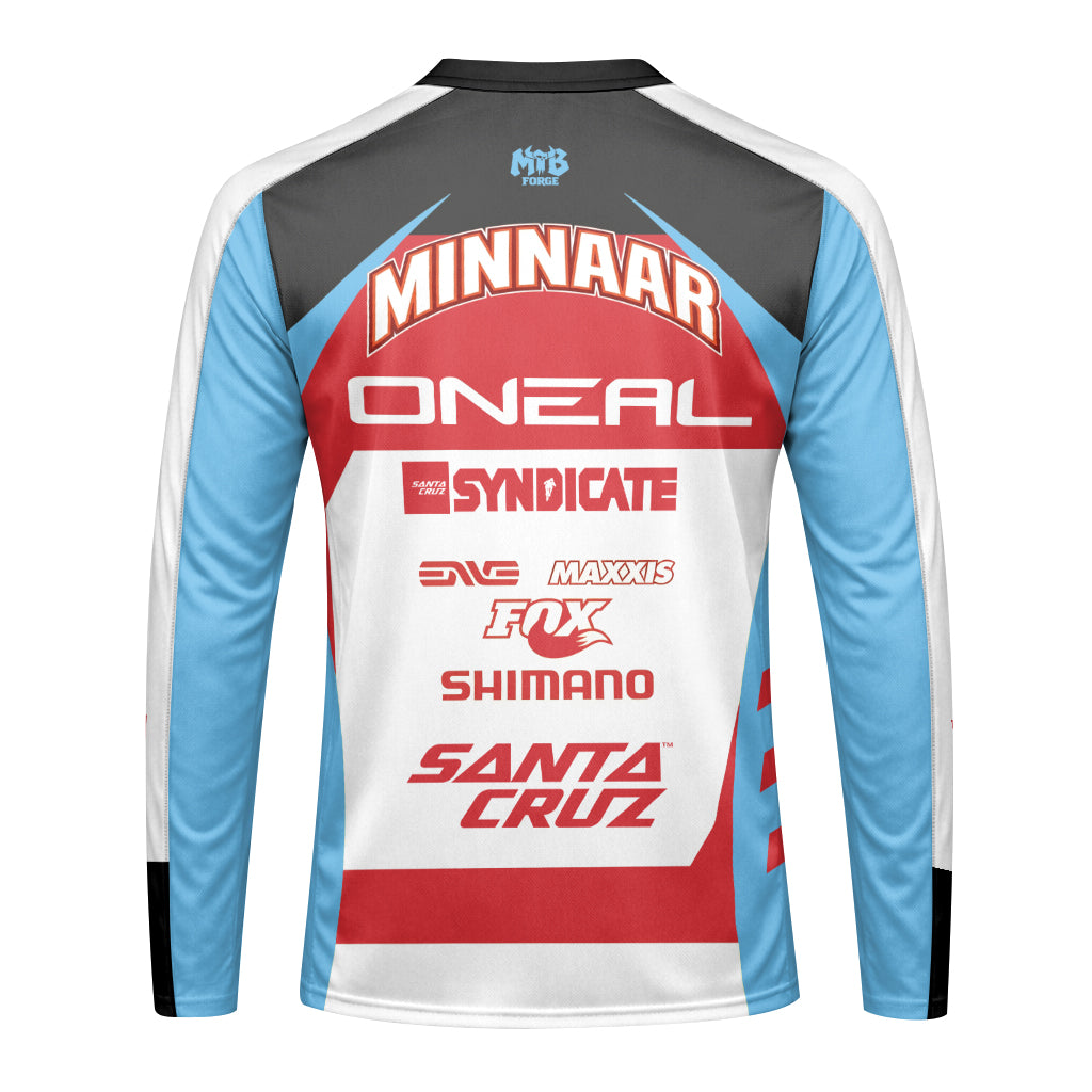 Santa Cruz Syndicate Greg Minnaar Red Blue Downhill Youth Long Sleeve Mountain Bike Jersey – Back View Mockup