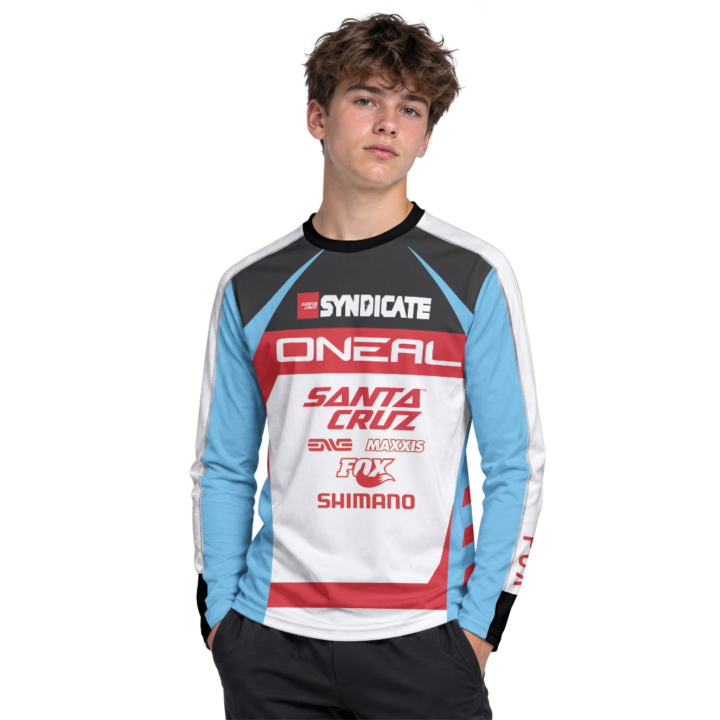 Santa Cruz Syndicate Greg Minnaar Red Blue Downhill Youth Long Sleeve Mountain Bike Jersey – Boy Lifestyle View