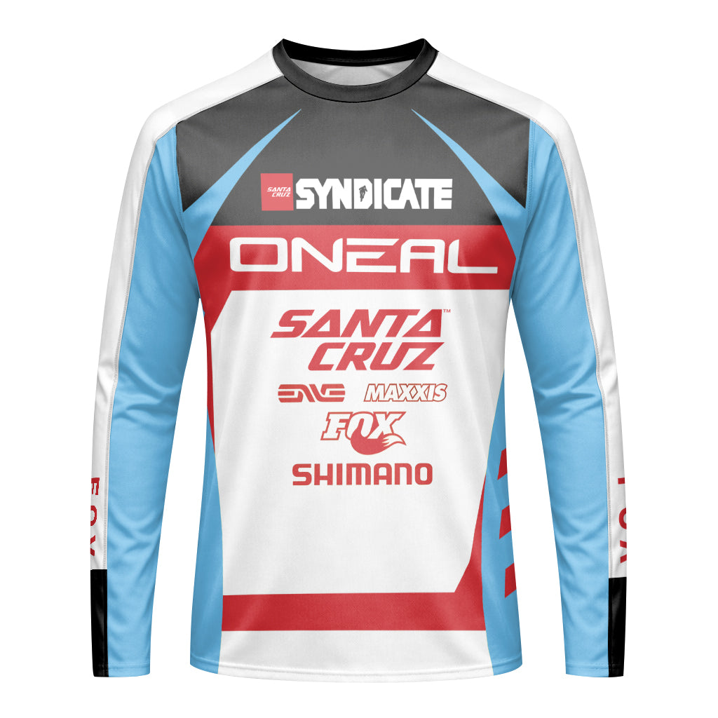 Santa Cruz Syndicate Greg Minnaar Red Blue Downhill Youth Long Sleeve Mountain Bike Jersey – Front View Mockup