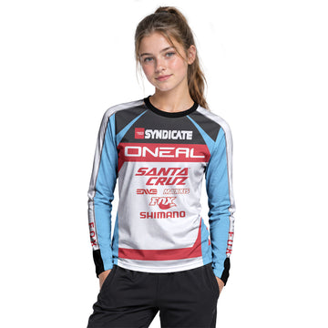 Santa Cruz Syndicate Greg Minnaar Red Blue Downhill Youth Long Sleeve Mountain Bike Jersey – Girl Lifestyle View
