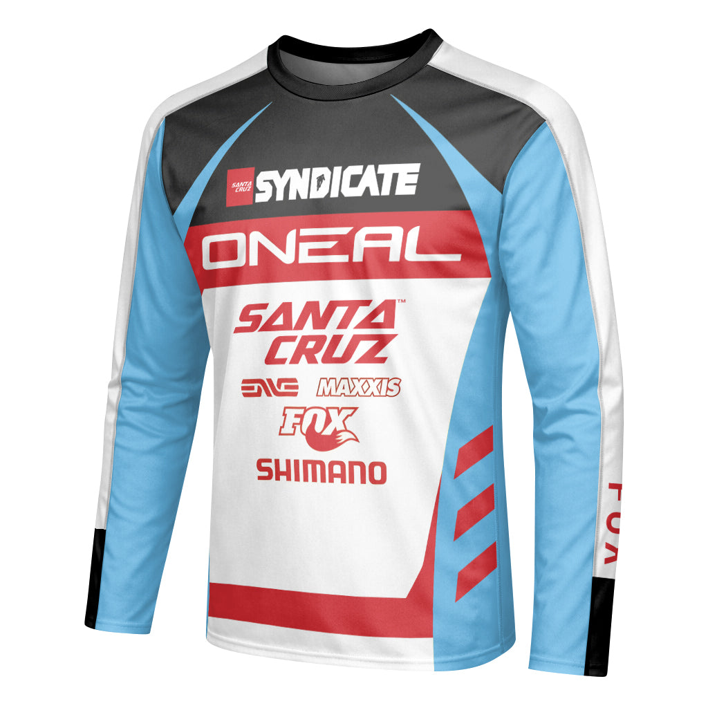 Santa Cruz Syndicate Greg Minnaar Red Blue Downhill Youth Long Sleeve Mountain Bike Jersey – Left Side View Mockup