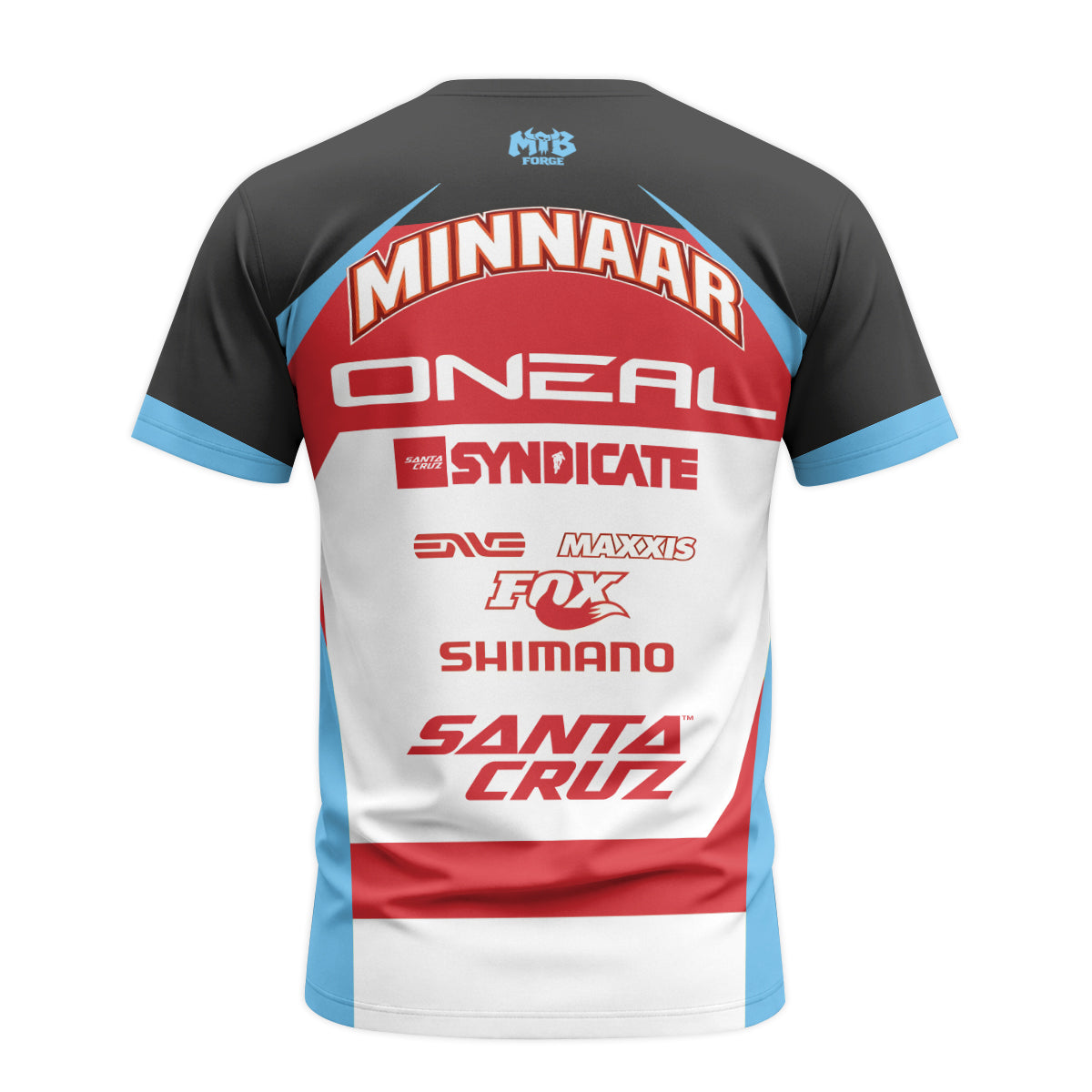 Santa Cruz Syndicate Greg Minnaar Red Blue Downhill Youth Short Sleeve Mountain Bike Jersey – Back View Mockup