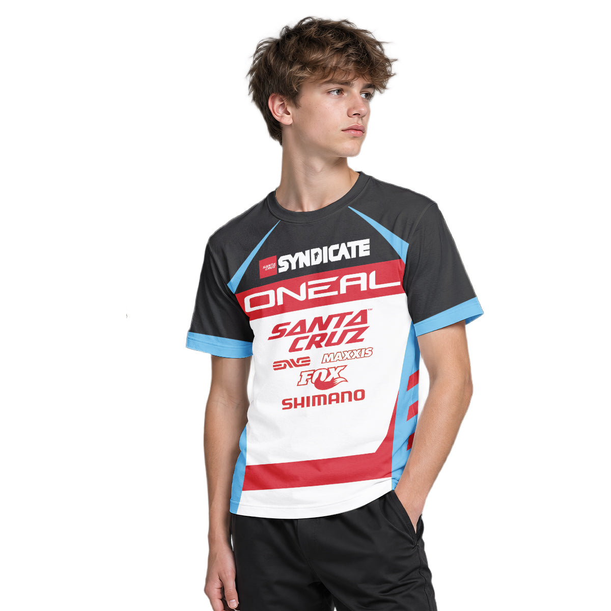 Santa Cruz Syndicate Greg Minnaar Red Blue Downhill Youth Short Sleeve Mountain Bike Jersey – Boy Lifestyle View