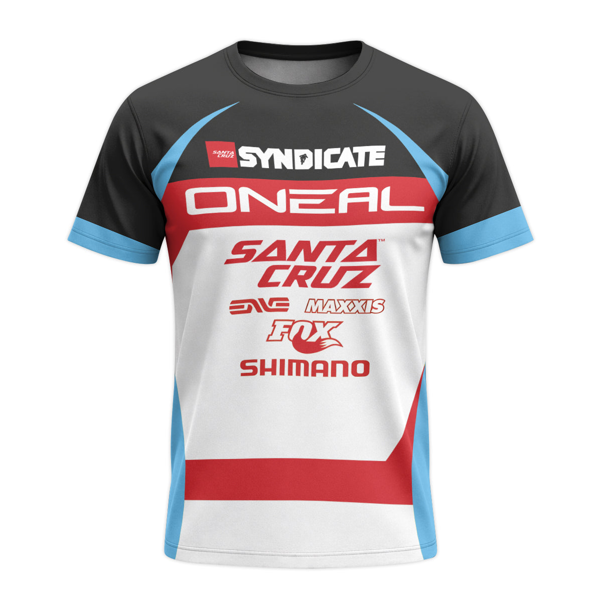 Santa Cruz Syndicate Greg Minnaar Red Blue Downhill Youth Short Sleeve Mountain Bike Jersey – Front View Mockup