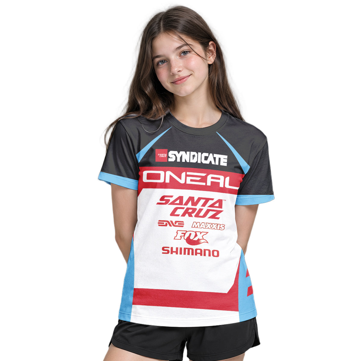 Santa Cruz Syndicate Greg Minnaar Red Blue Downhill Youth Short Sleeve Mountain Bike Jersey – Girl Lifestyle View