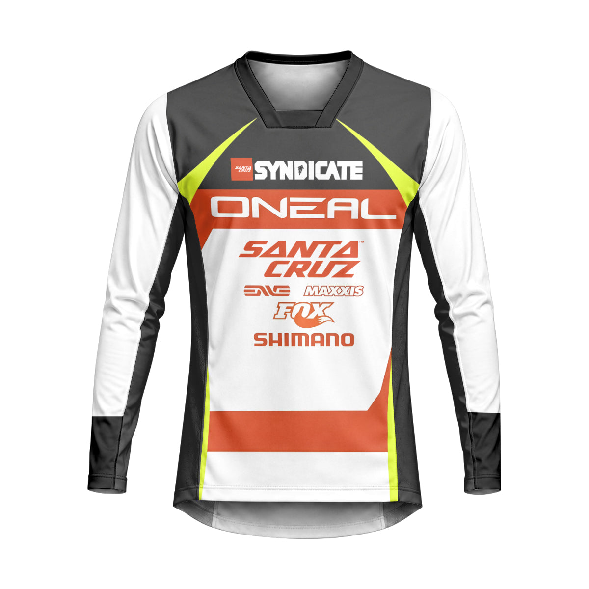 Santa Cruz Syndicate Minnaar O'Neal Neon Yellow Downhill Heavyweight Long Sleeve Mountain Bike Jersey – Front View Mockup