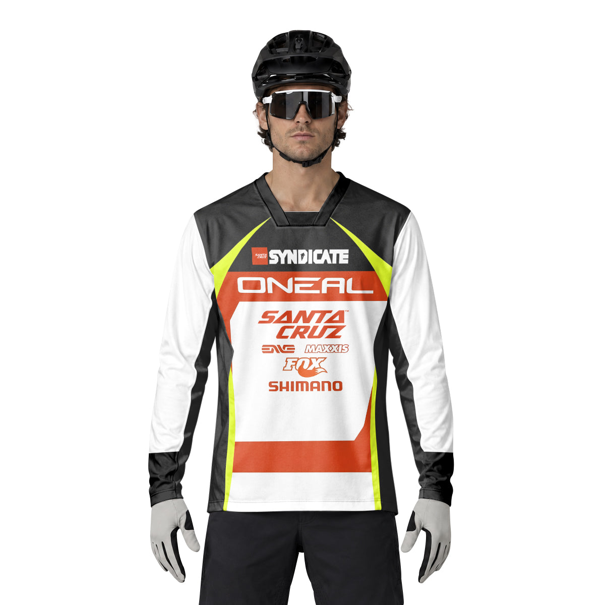 Santa Cruz Syndicate Minnaar O'Neal Neon Yellow Downhill Heavyweight Long Sleeve Mountain Bike Jersey – Lifestyle View
